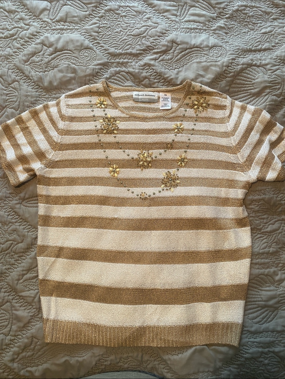 Alfred Dunner Gold & Cream Striped Short Sleeve Knit Top with Bead Flowers